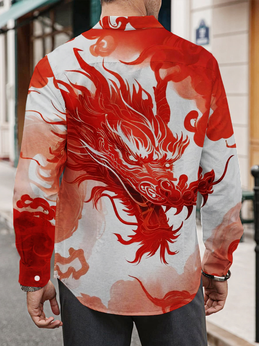 Chinese Loong Pattern Long Sleeve Hawaiian Shirt