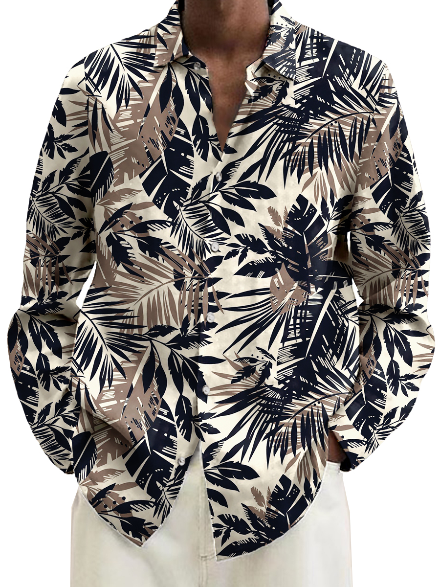 Tropical Plant Print Long Sleeve Hawaiian Shirt