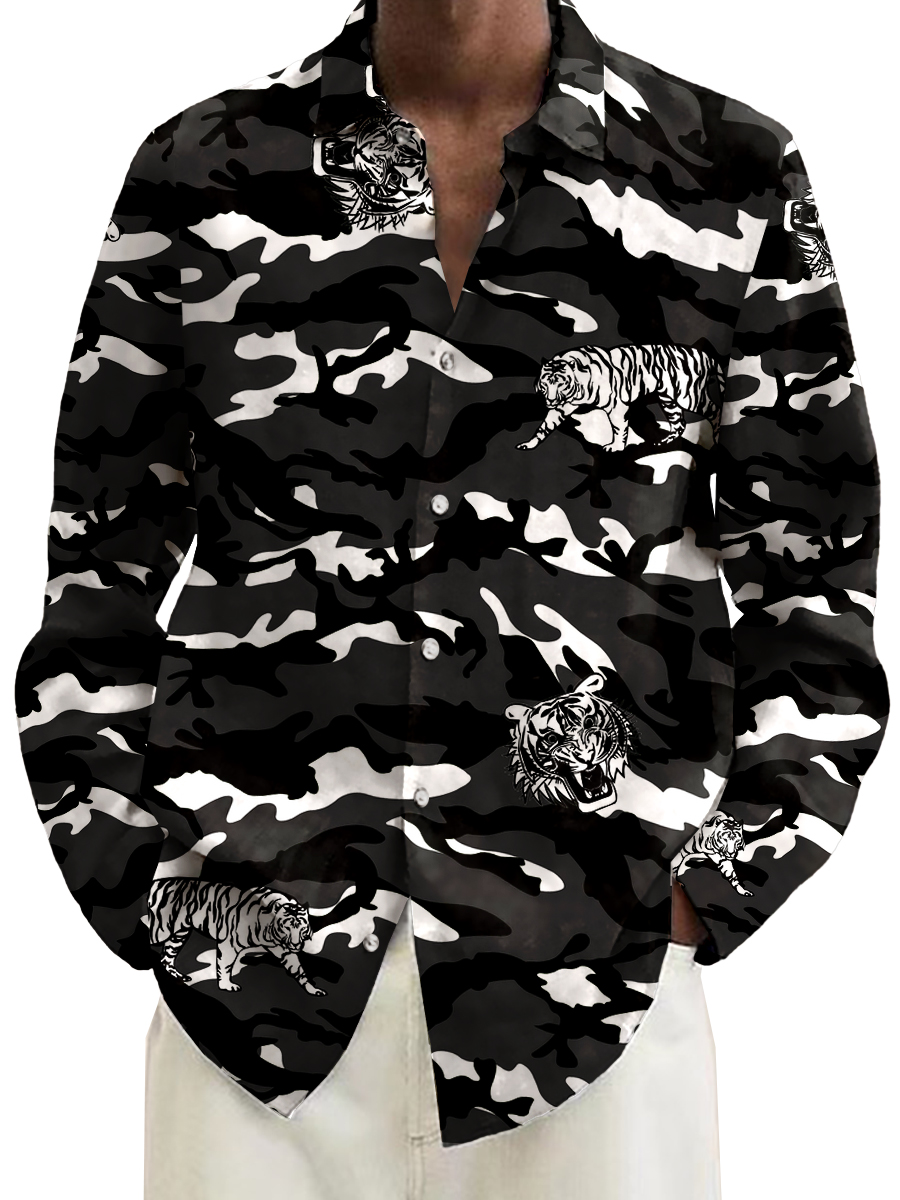Camouflage Tiger Print Long Sleeve Hawaiian Shirt