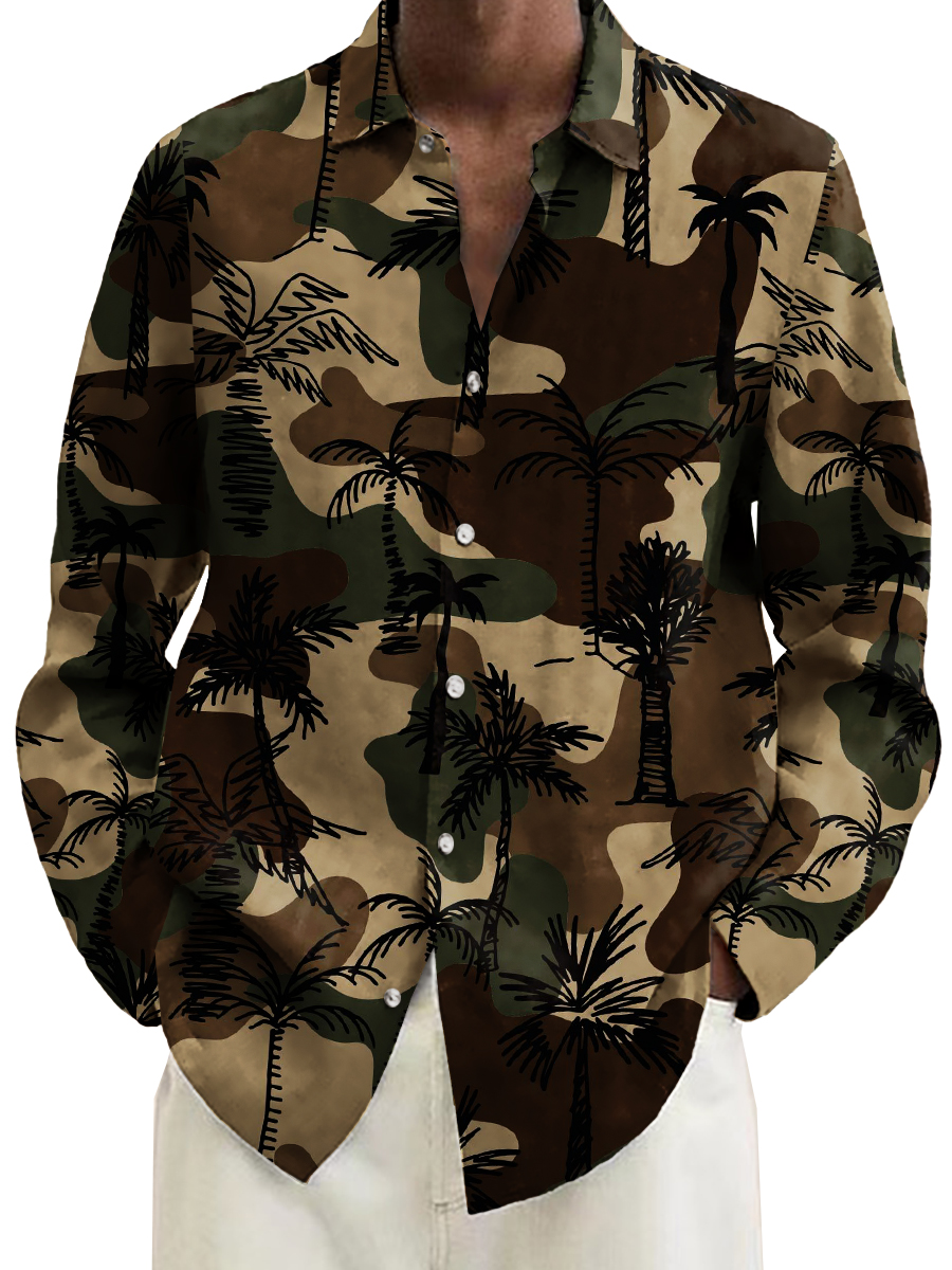 Camouflage Art Plants Print Long Sleeve Hawaiian Shirt