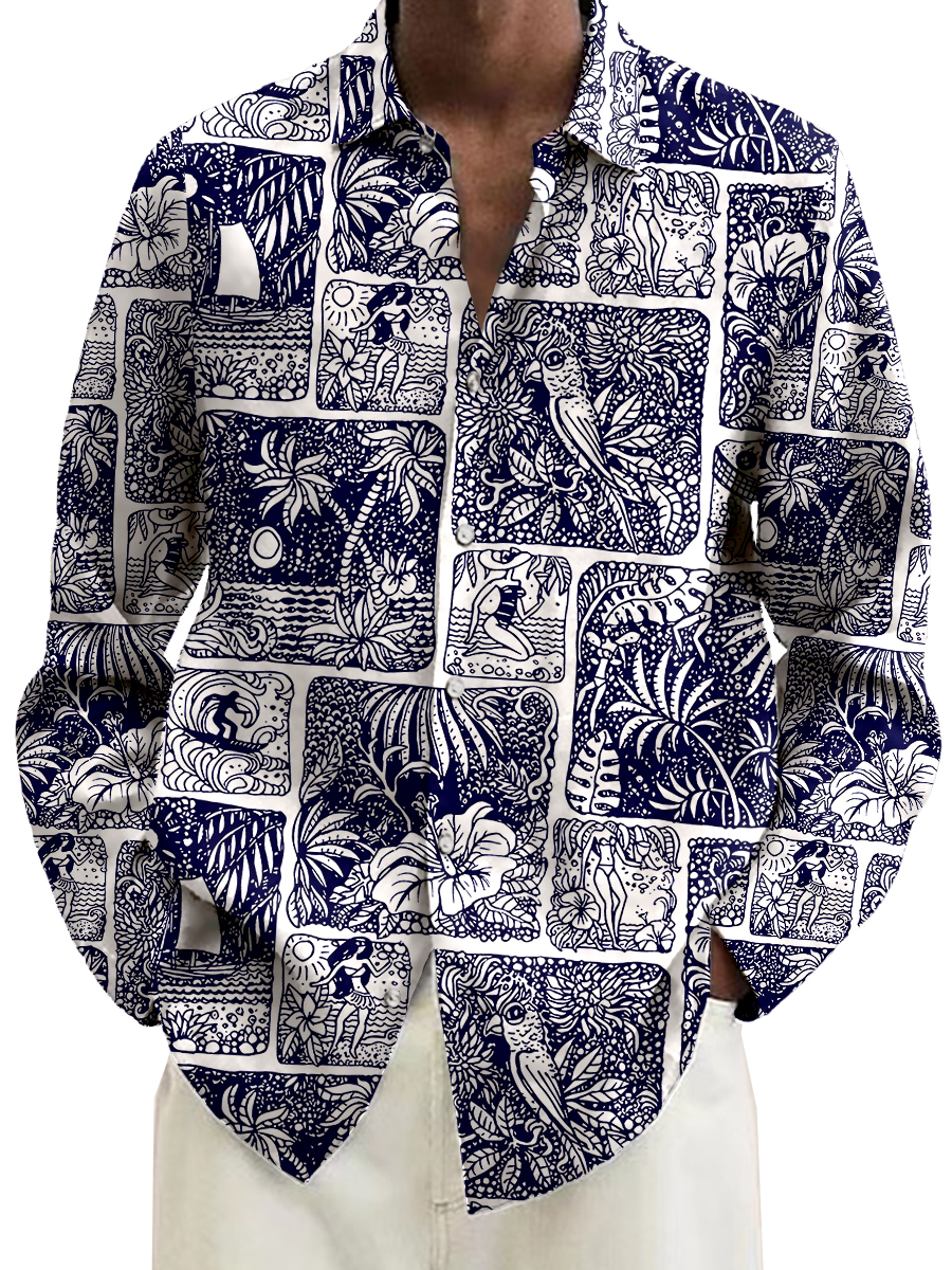 Art Tropical Plant Plaid Print Long Sleeve Hawaiian Shirt