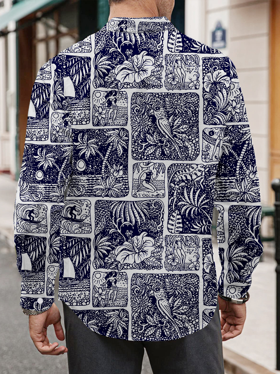 Art Tropical Plant Plaid Print Long Sleeve Hawaiian Shirt