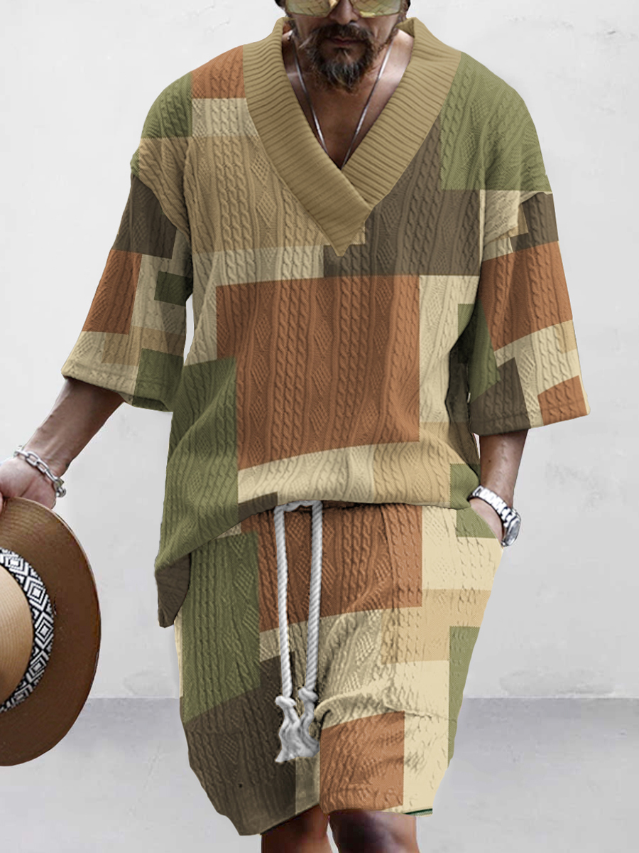Men's Colorblock Print Stylish Knit Shirt Set