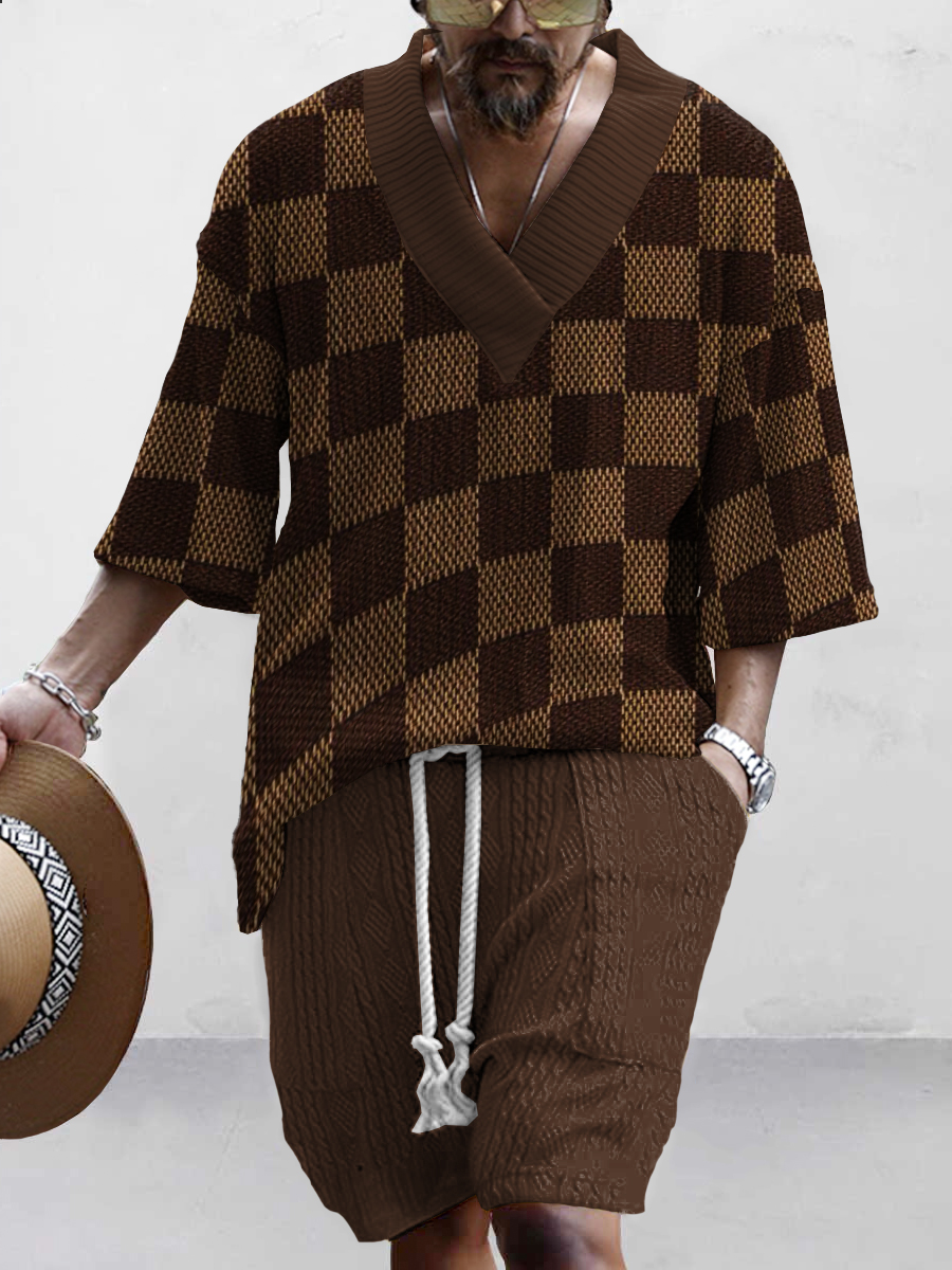 Men's Retro Plaid Pattern Print Stylish Knit Shirt Set