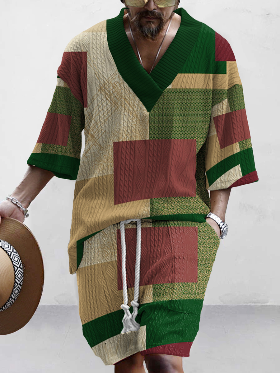 Men's Vintage Colorblock Print Stylish Knit Shirt Set
