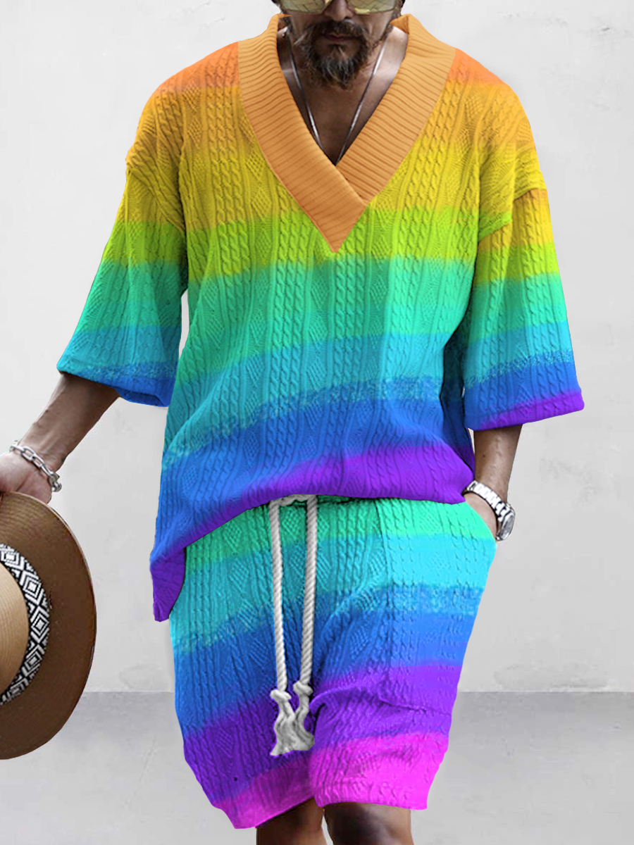 Men's Sets Rainbow Two-Piece Knit Shirt Shorts Set