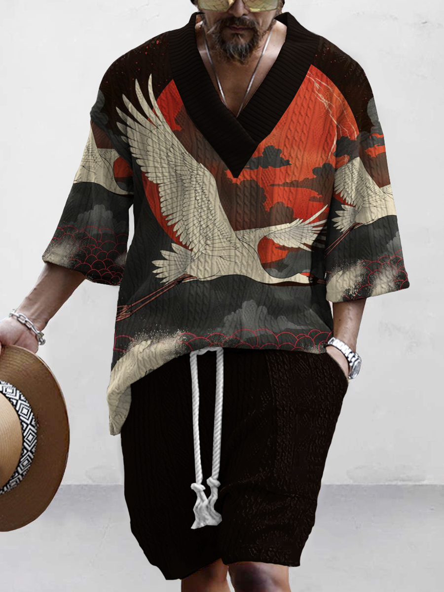 Men's Sunset And Crane Print Stylish Knit Shirt Set