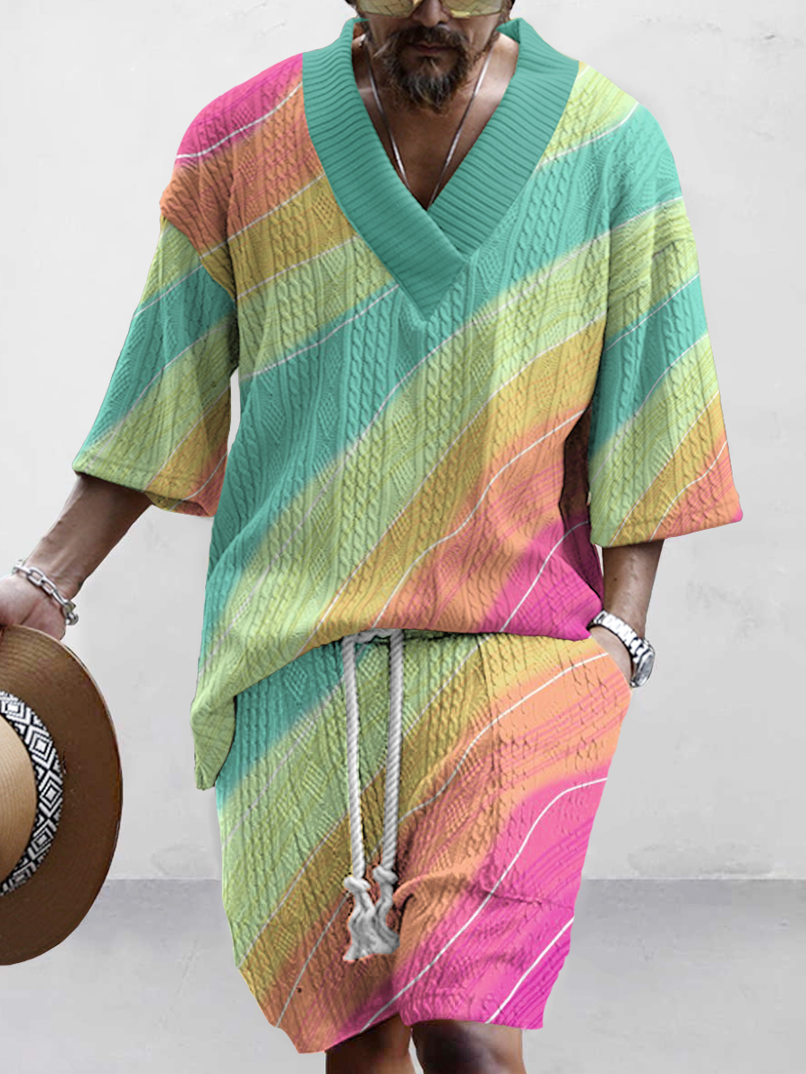 Men's Sets Rainbow Gradient Art Two-Piece Knit Shirt Shorts Set