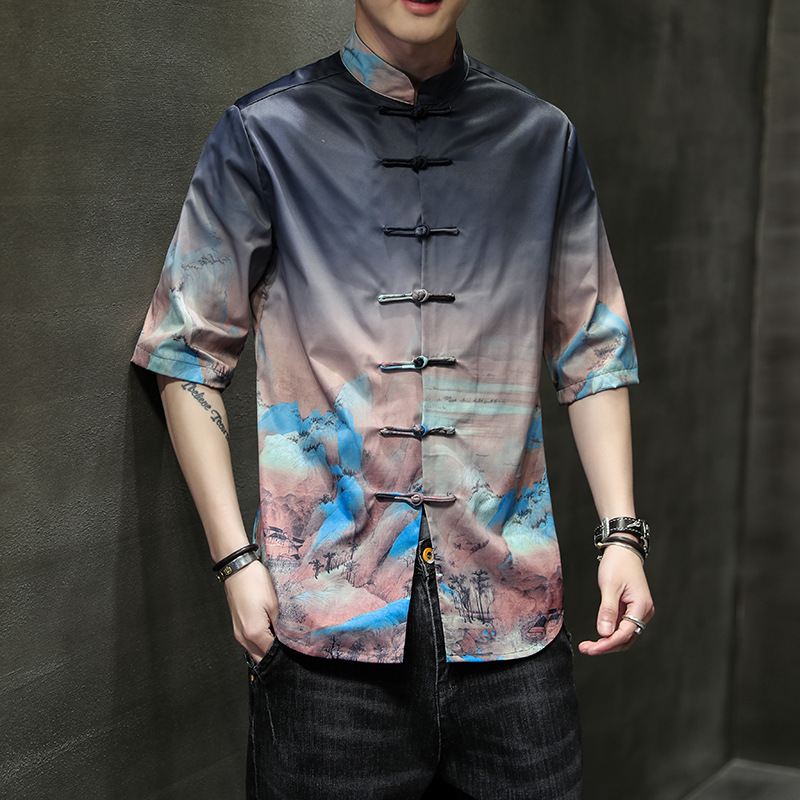 Men's Landscape Print Chinese Plate Button Short-sleeved Shirt