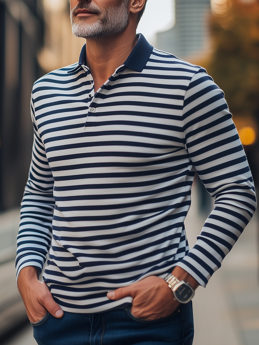 Men's Thin Navy Stripes Long Sleeve Button Polo Shirt