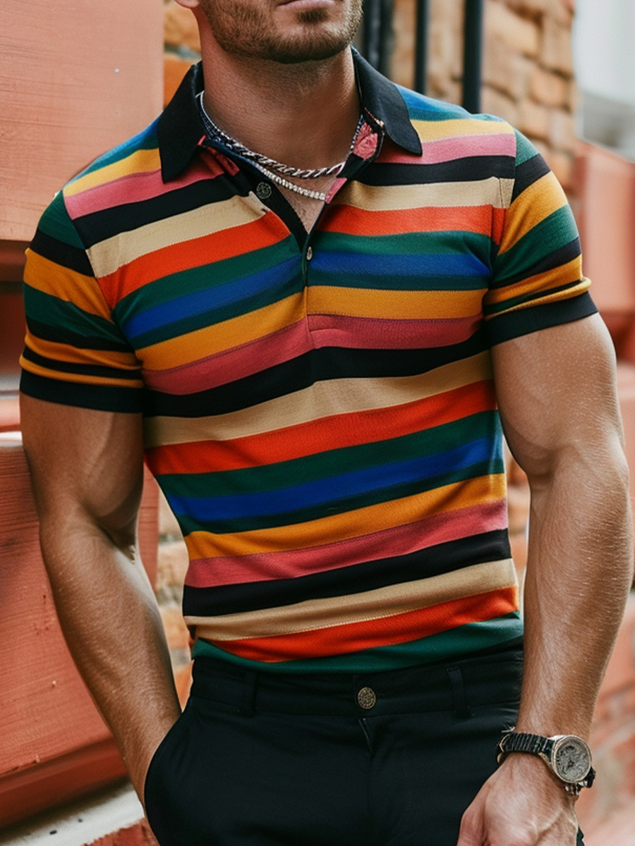 Men's Polo Art Stripes Printed Waffle Polo Shirt