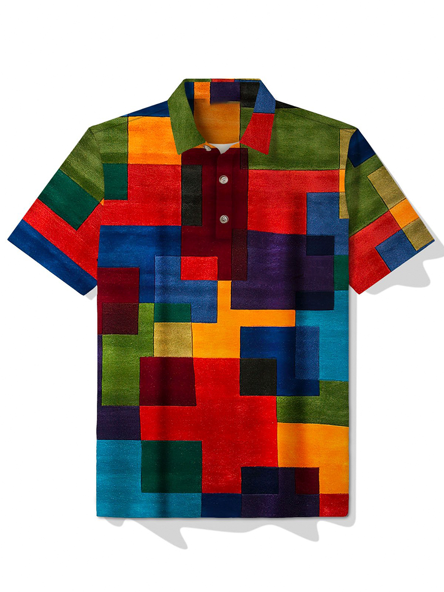 Men's Polo Shirt Vintage Colorblock Print Short Sleeve Golf Shirt