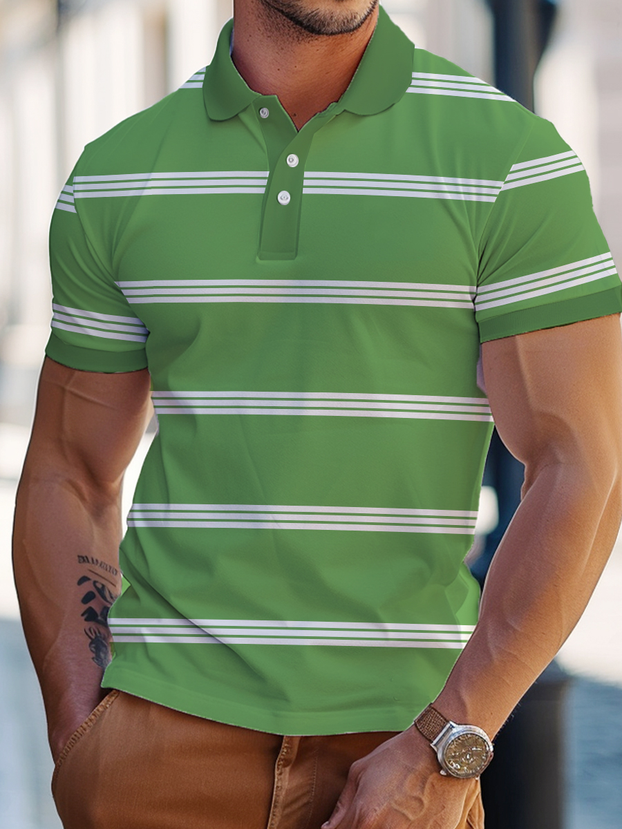 Men's Waffle Fabric Fashion Stripes Printed Polo Shirt