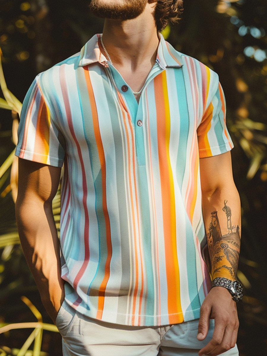 Men's Polo Shirt Stripes Print Casual Short-Sleeved Golf Shirt