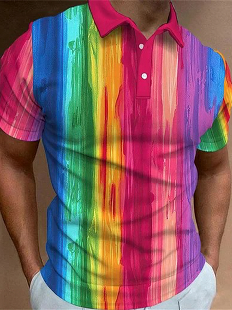 Men's Polo Shirt Rainbow Stripes Print Casual Short-Sleeved Golf Shirt