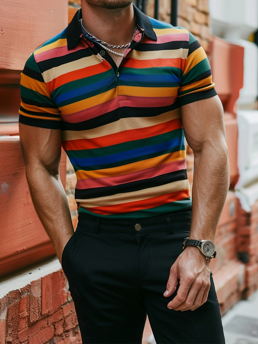 Men's Polo Art Stripes Printed Waffle Polo Shirt