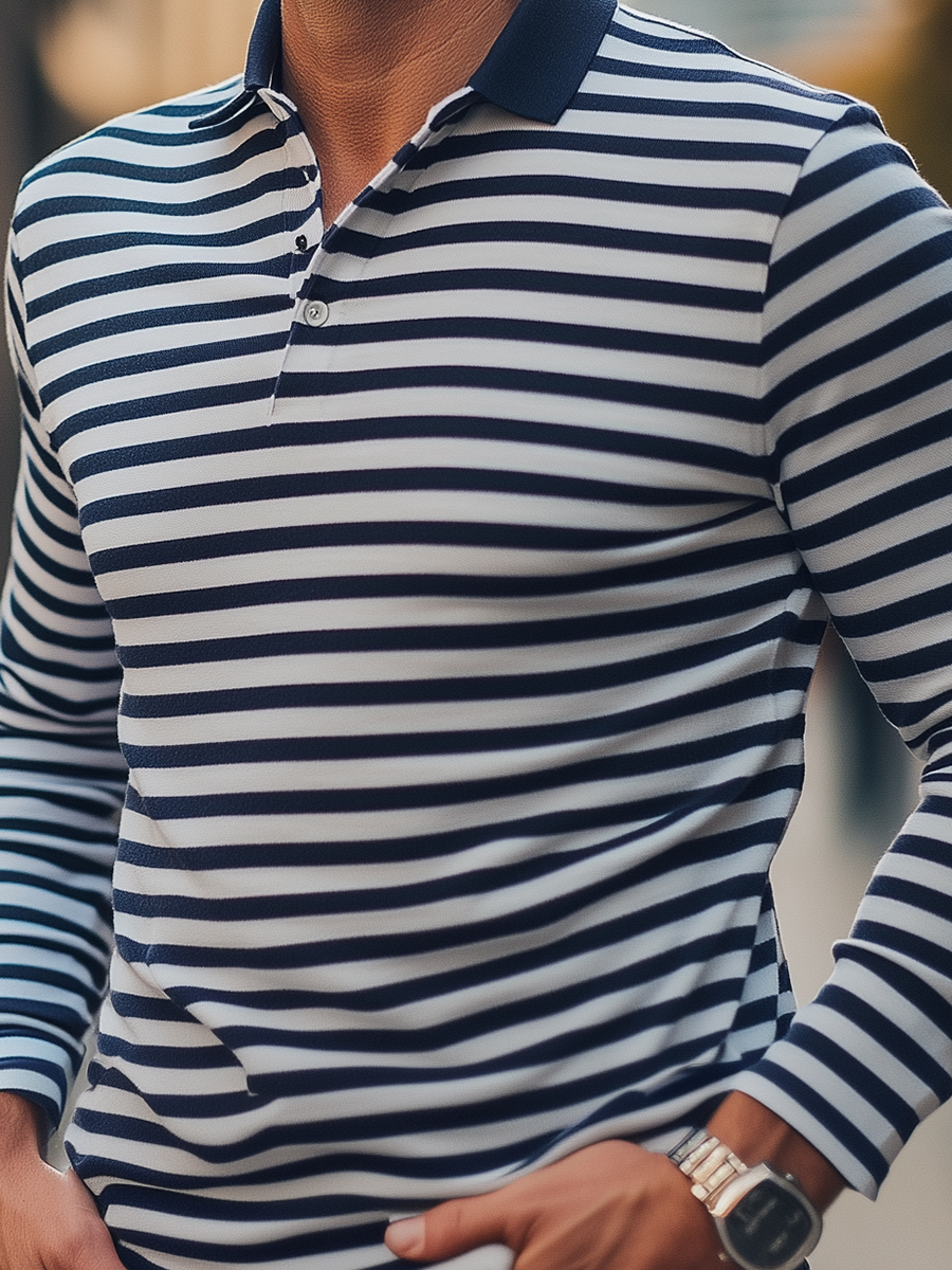 Men's Thin Navy Stripes Long Sleeve Button Polo Shirt