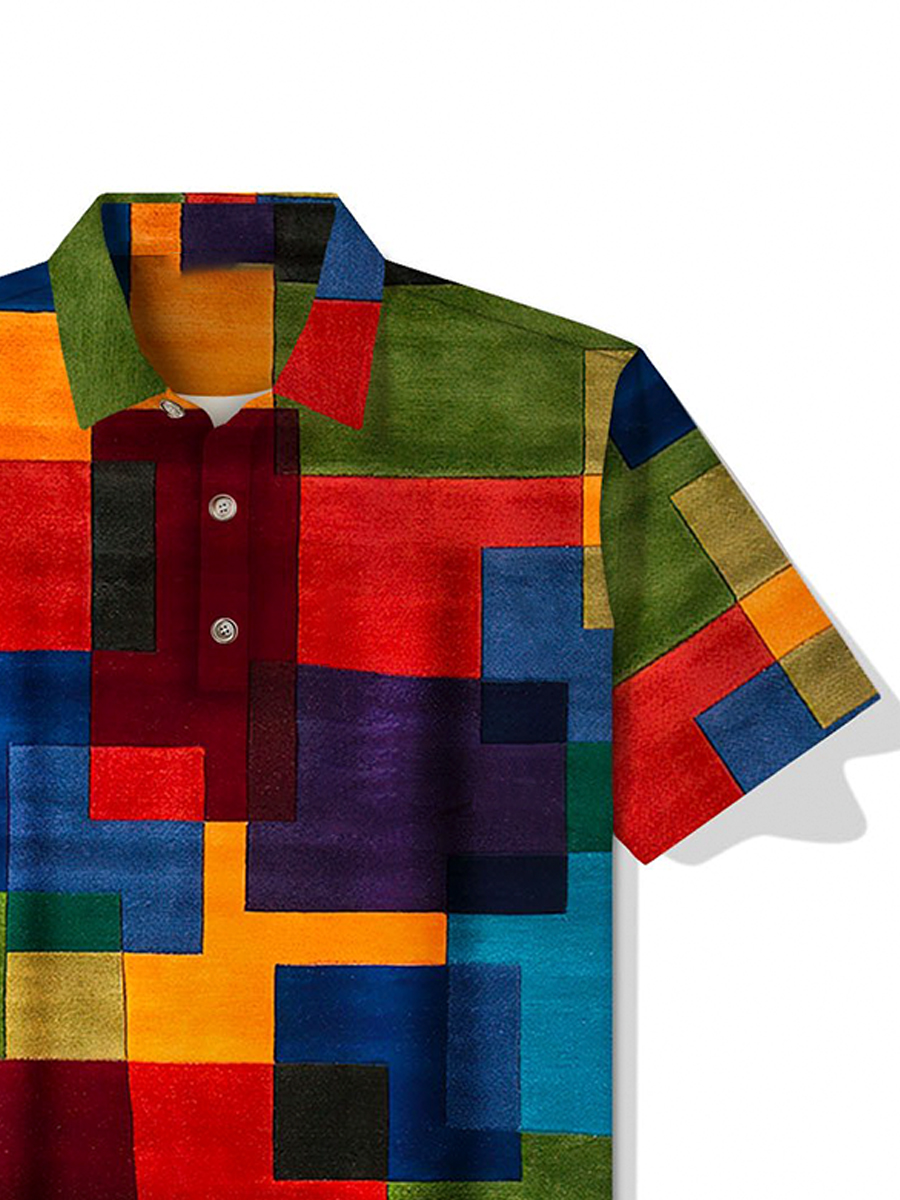 Men's Polo Shirt Vintage Colorblock Print Short Sleeve Golf Shirt