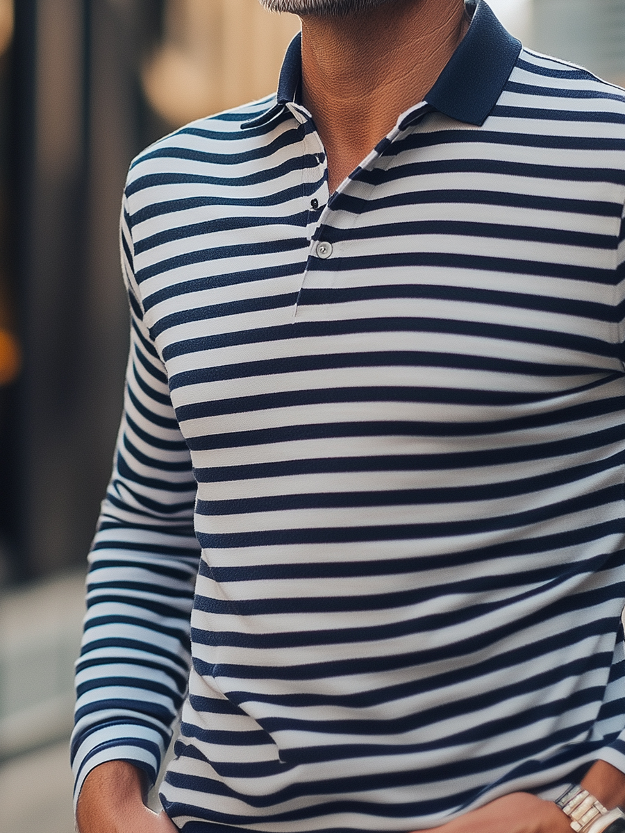 Men's Thin Navy Stripes Long Sleeve Button Polo Shirt