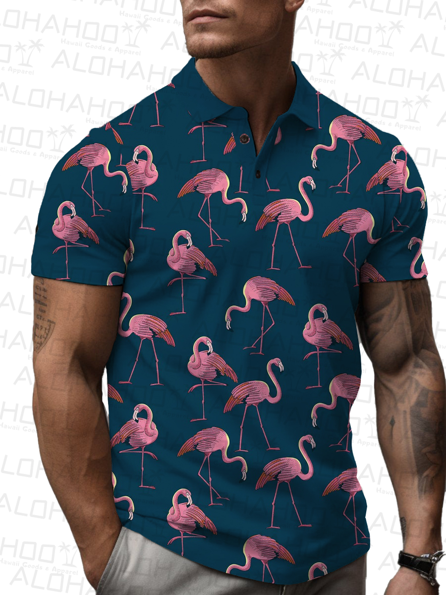 Men's Polo Shirt Flamingo Print Casual Short-Sleeved Shirt