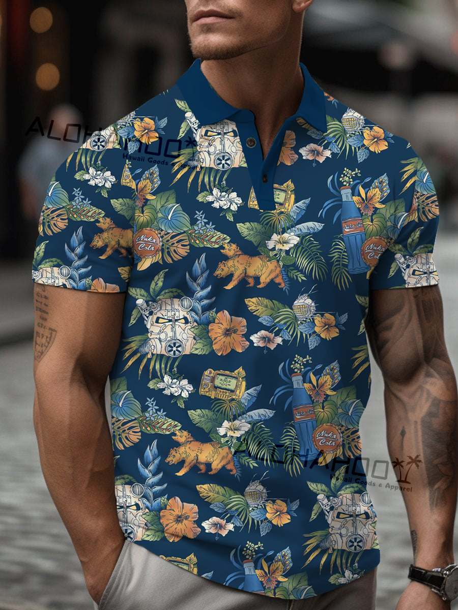 Men's Polo Shirt Hawaii Bear Print Casual Short-Sleeved Golf Shirt