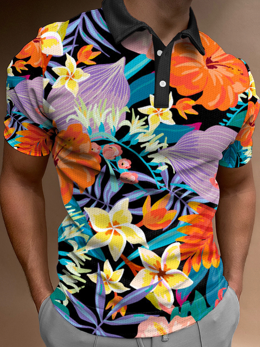 Men's Polo Shirt Tropical Floral Print Short Sleeve Golf Shirt
