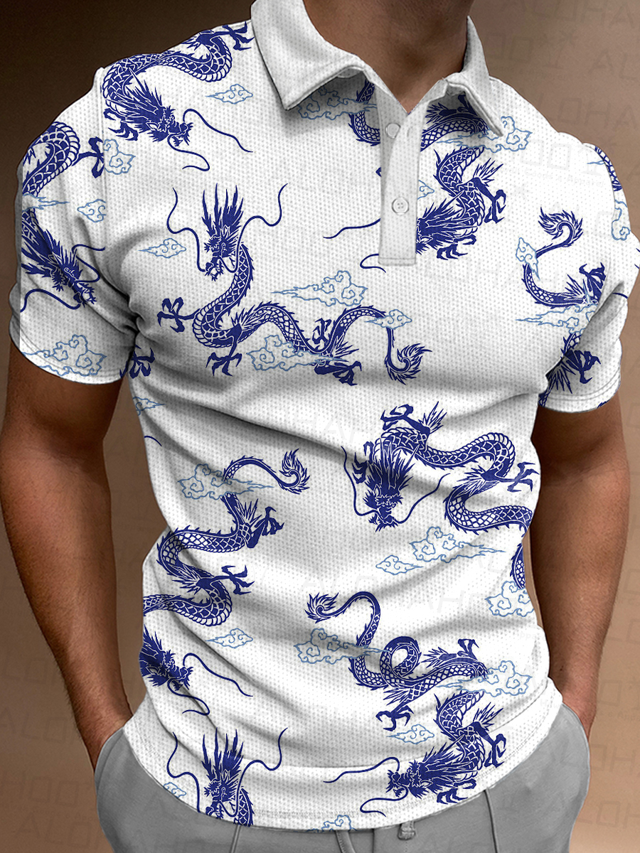Men's Polo Shirt Dragon Print Casual Short-Sleeved Shirt