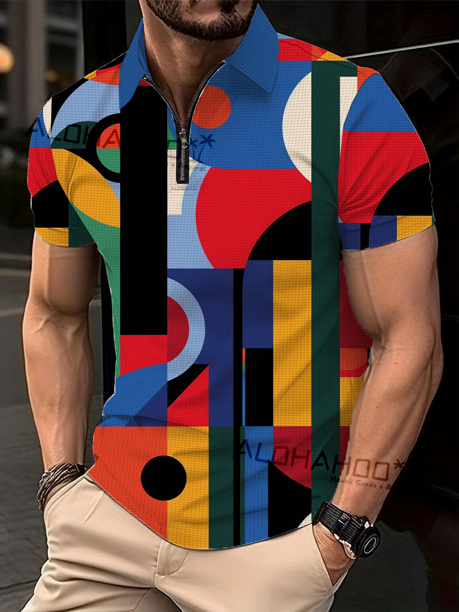 Alohahoo X Artist Polo Shirt Geometric Colorblock Print Casual Short-Sleeved Golf Shirt