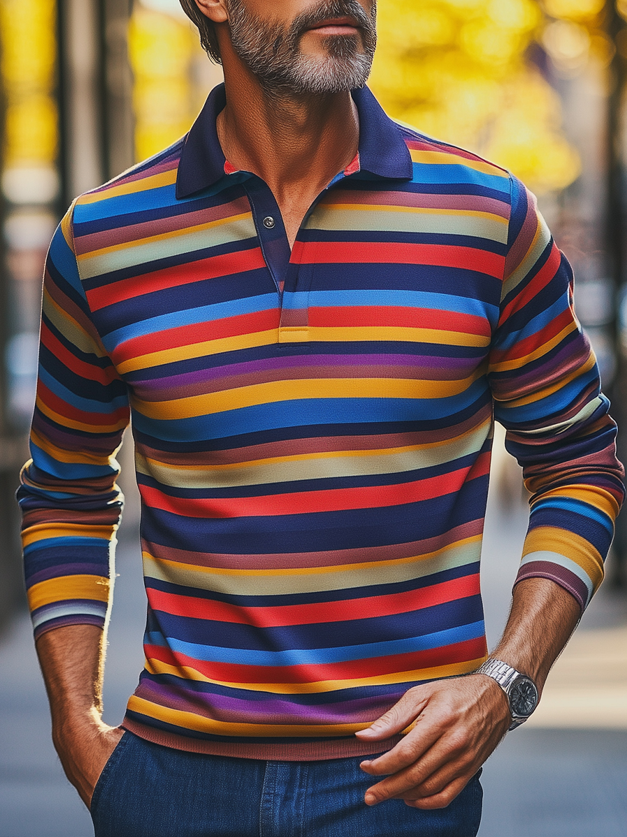 Men's Colorful Stripes Long Sleeve Button Polo Shirt