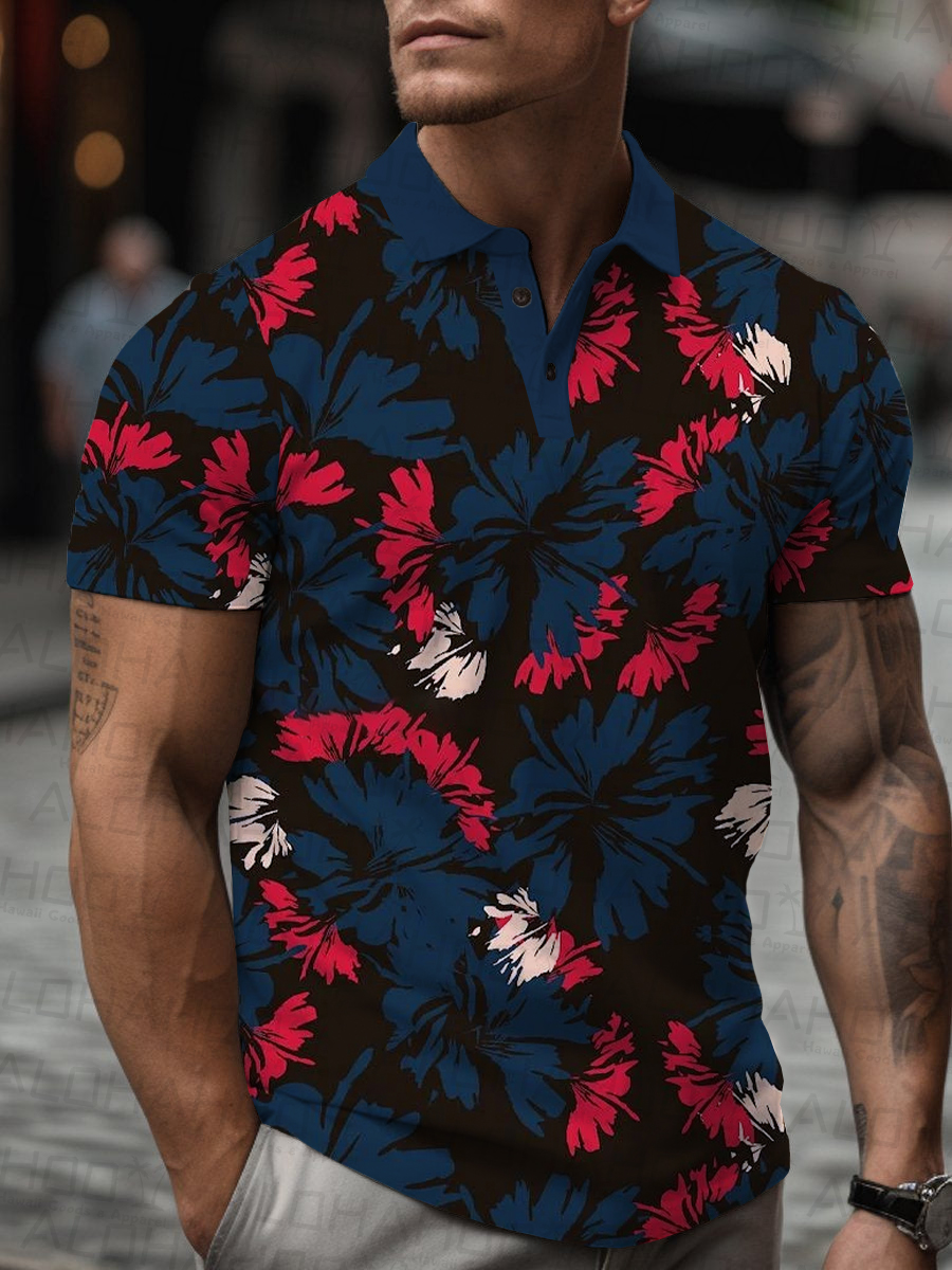 Men's Polo Shirt Art Flowers Print Casual Short-Sleeved Shirt