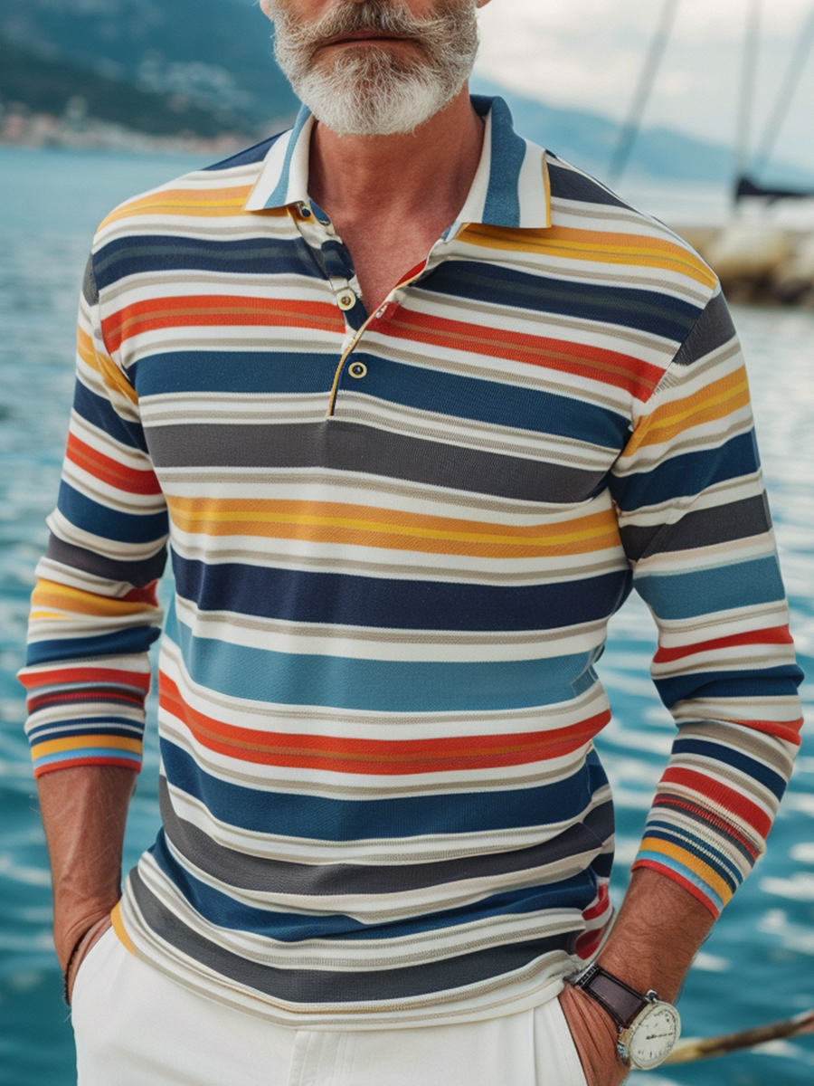 Stripes Printed Long Sleeve Polo T-Shirt