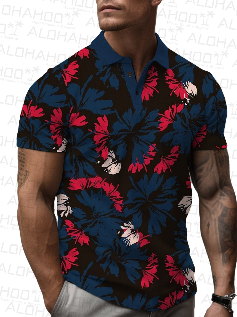 Men's Polo Shirt Art Flowers Print Casual Short-Sleeved Shirt