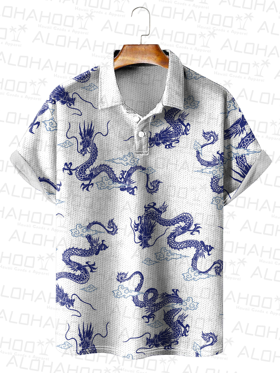 Men's Polo Shirt Dragon Print Casual Short-Sleeved Shirt
