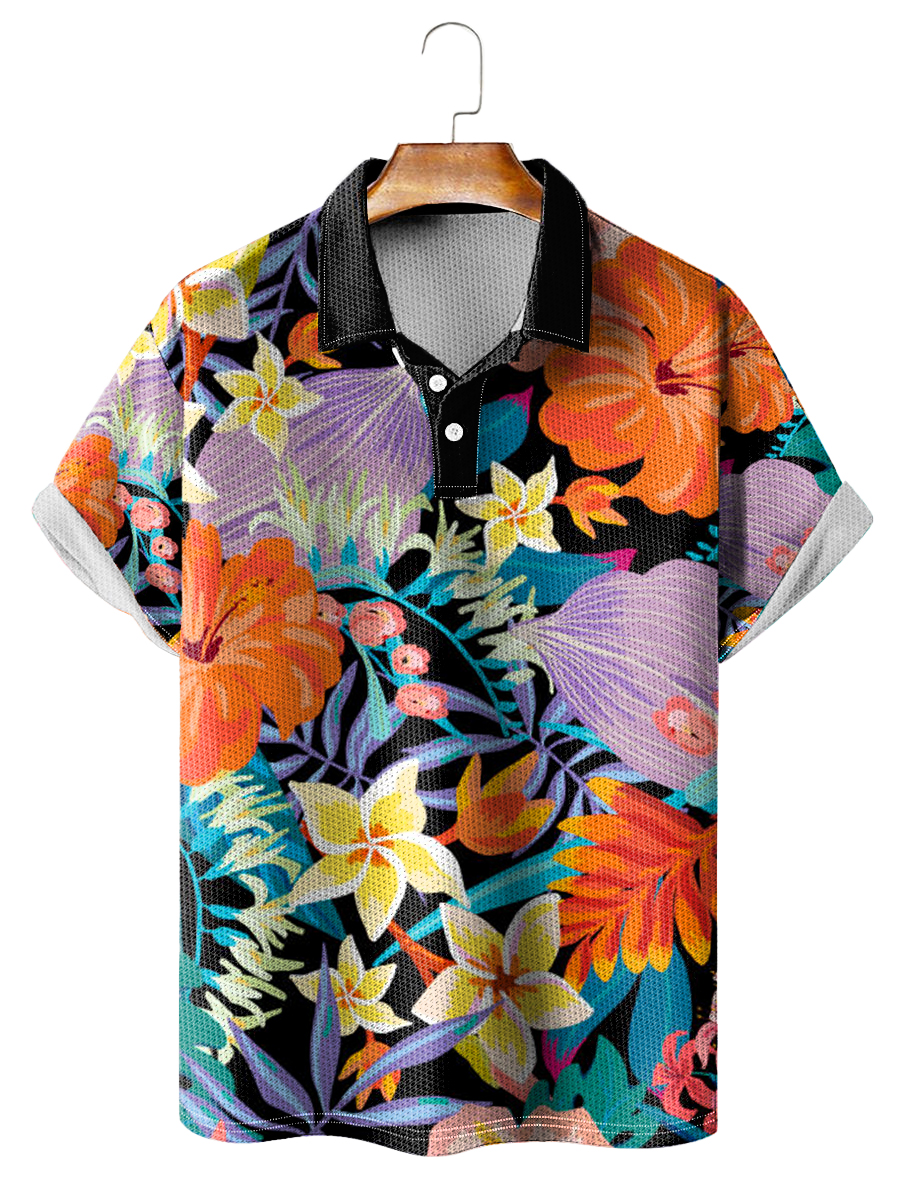 Men's Polo Shirt Tropical Floral Print Short Sleeve Golf Shirt
