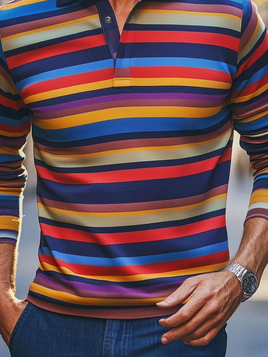 Men's Colorful Stripes Long Sleeve Button Polo Shirt