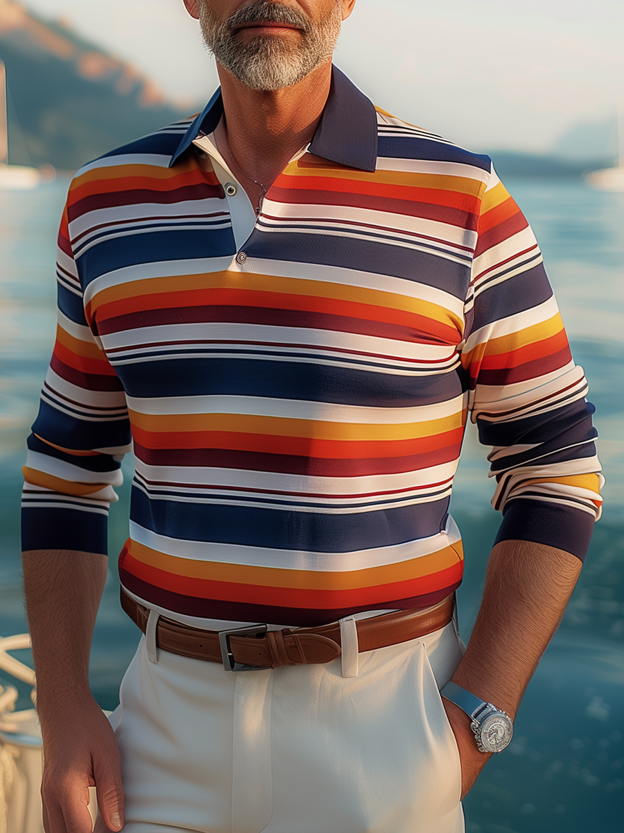 Navy And Orange Stripes Printed Polo T-shirt