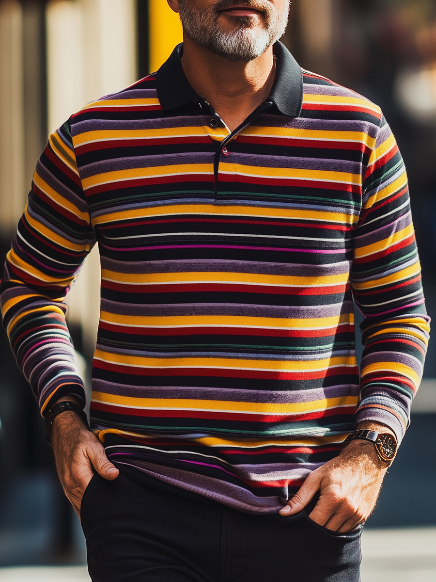 Men's Yellow-Brown Stripes Long Sleeve Button Polo Shirt