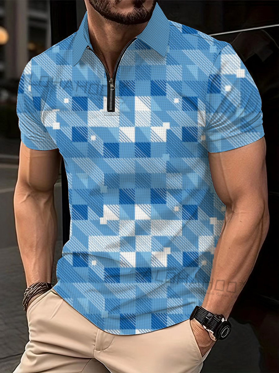 Men's Polo Shirt Blue Square Print Casual Short-Sleeved Golf Shirt