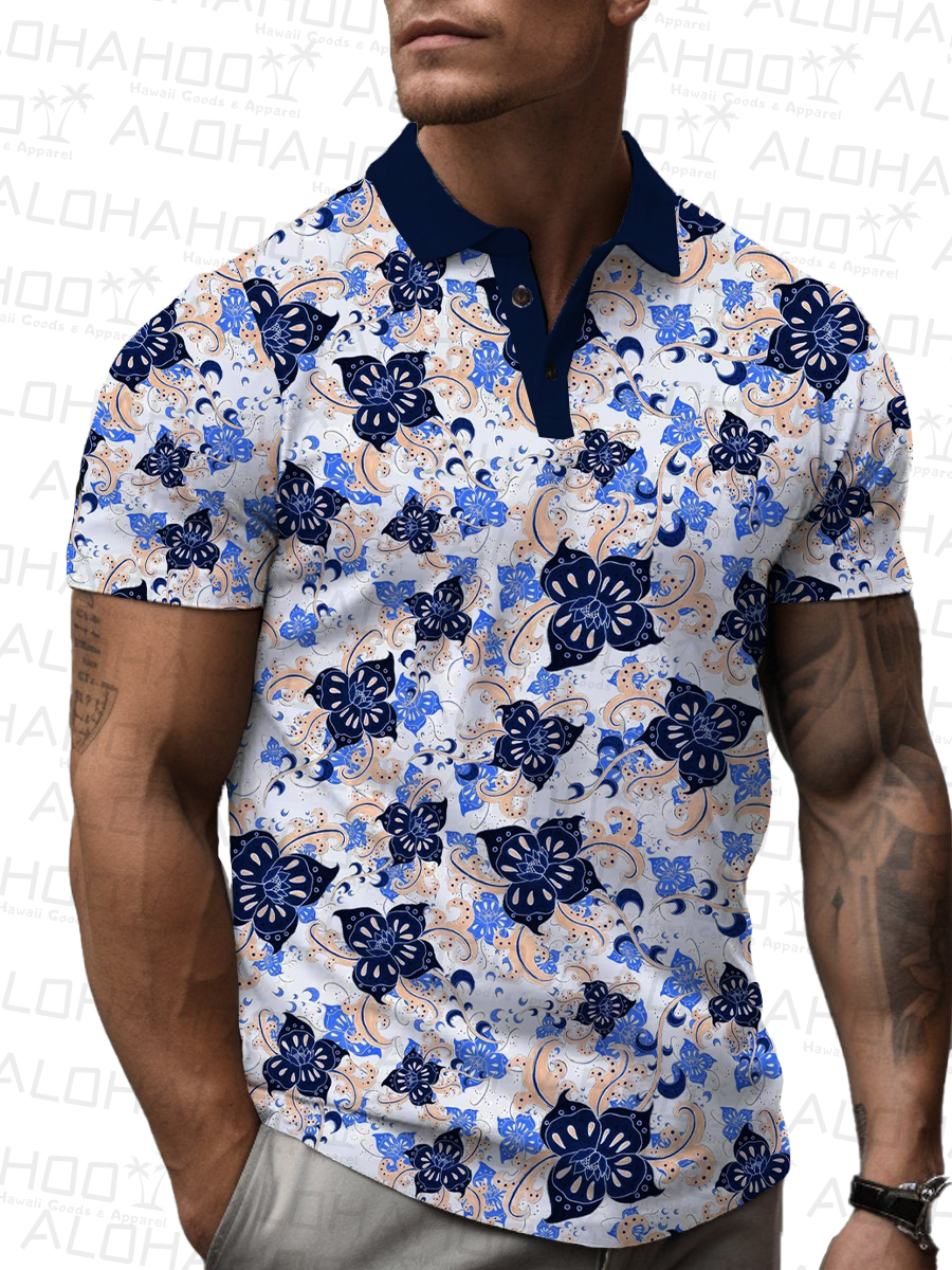 Men's Polo Shirt Seamless Flowers Print Casual Short-Sleeved Shirt
