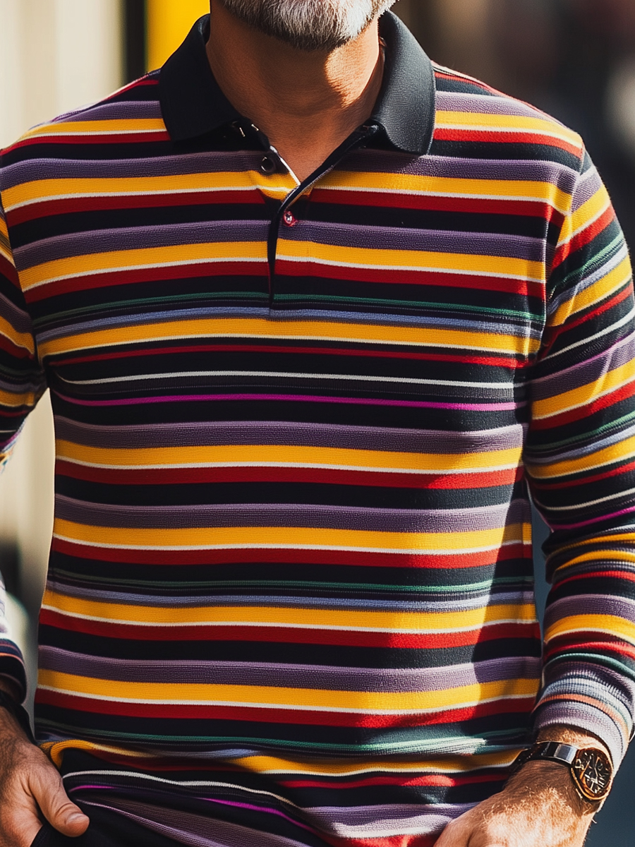 Men's Yellow-Brown Stripes Long Sleeve Button Polo Shirt