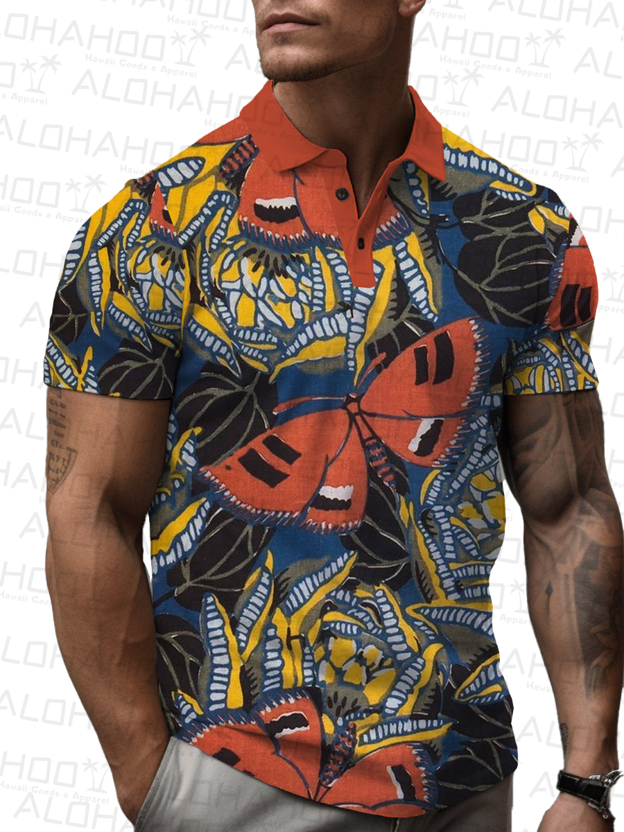 Men's Polo Shirt Butterfly Print Casual Short-Sleeved Shirt
