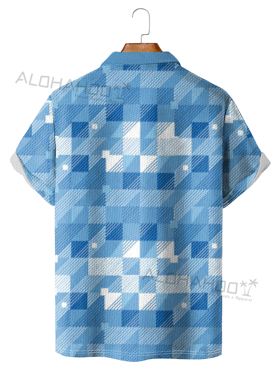 Men's Polo Shirt Blue Square Print Casual Short-Sleeved Golf Shirt