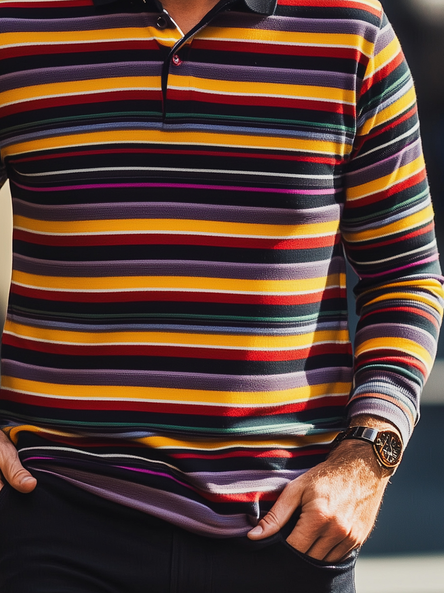 Men's Yellow-Brown Stripes Long Sleeve Button Polo Shirt