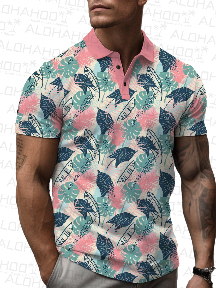 Men's Polo Shirt Tropical Seamless Leaves Print Casual Short-Sleeved Shirt