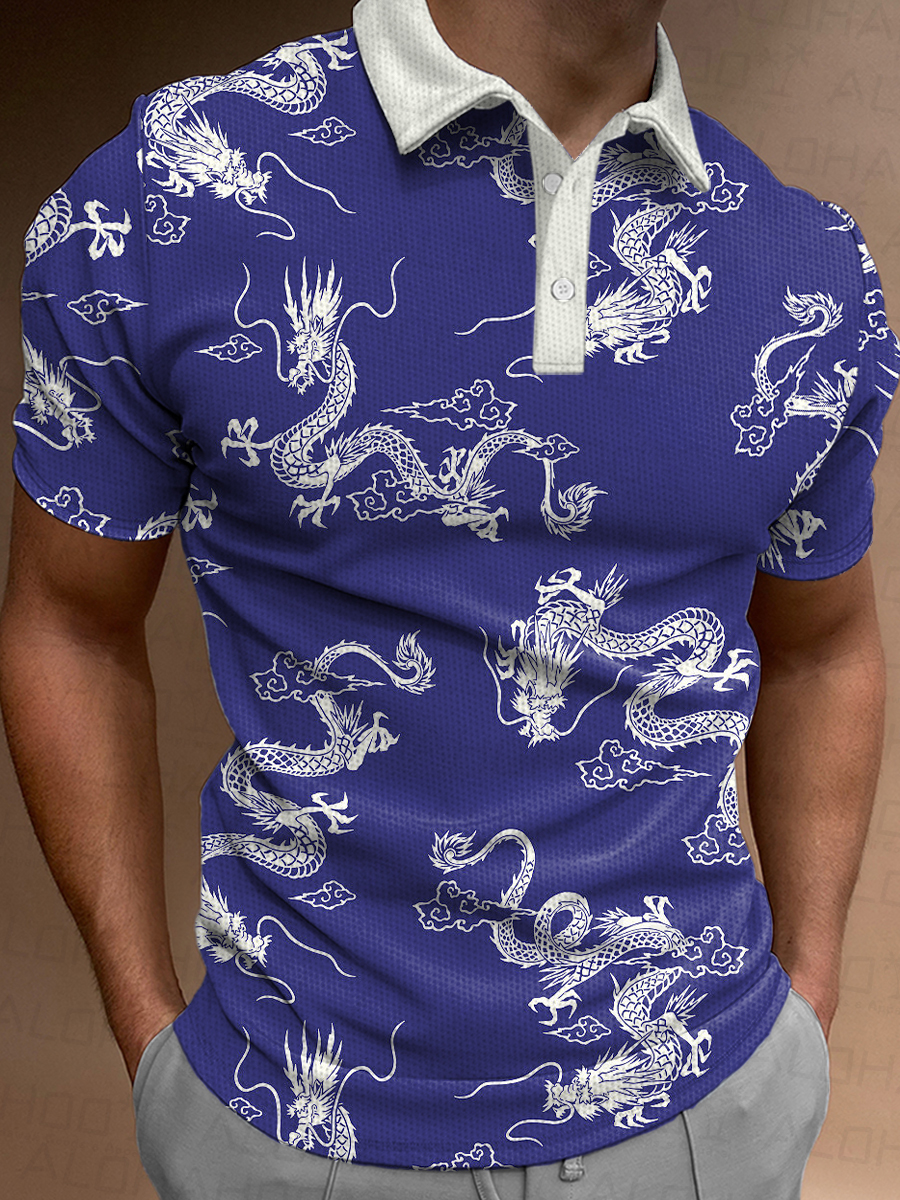Men's Polo Shirt Vintage Dragon Print Casual Short-Sleeved Shirt