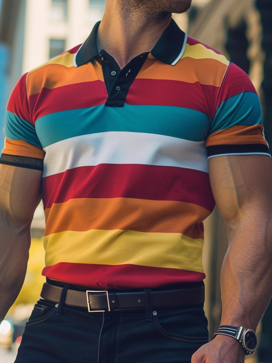 Men's Short-Sleeve Polo Stripes Waffle Polo Shirt