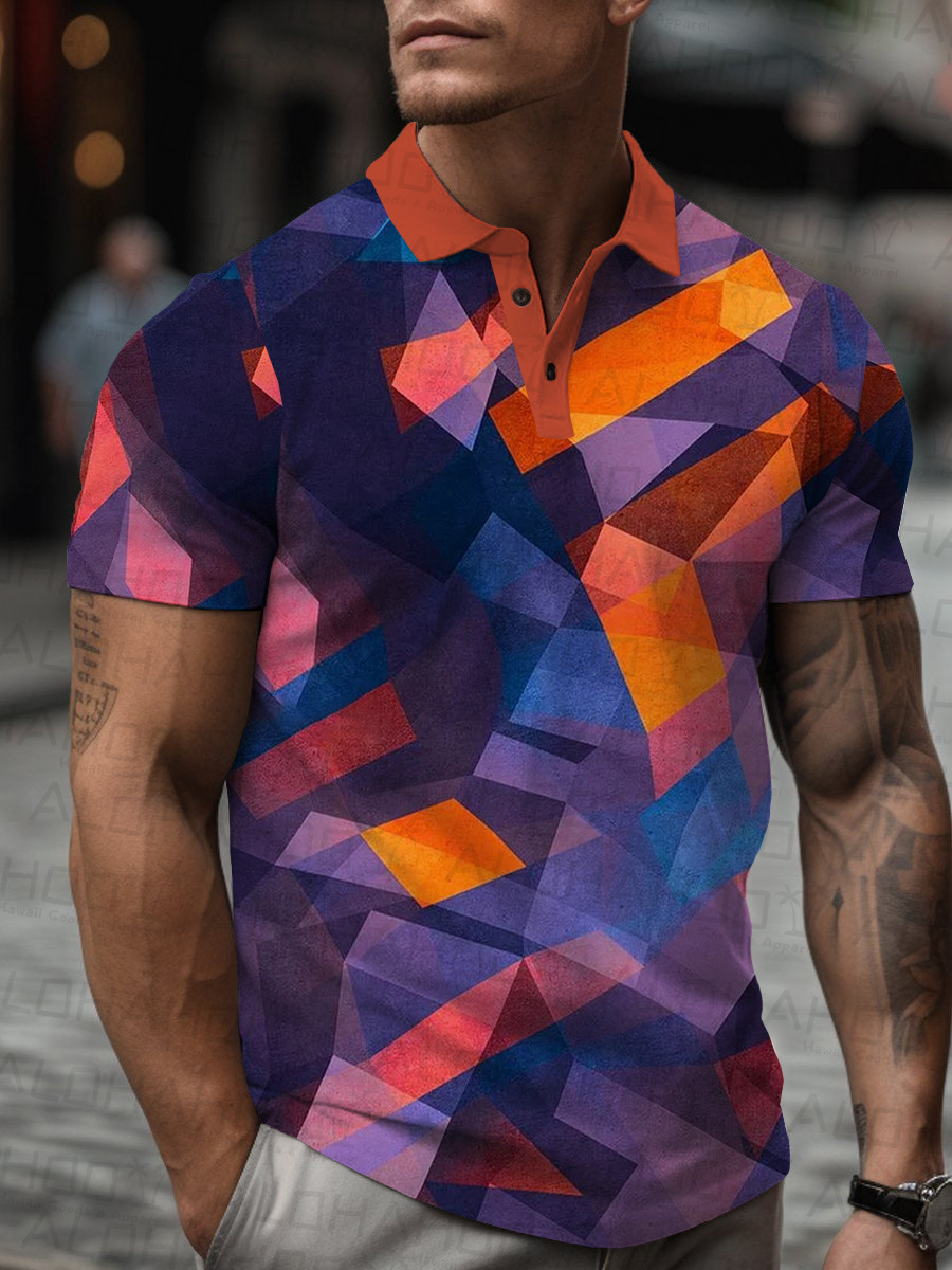 Men's Polo Shirt Geometric Colorblock Print Casual Short-Sleeved Shirt