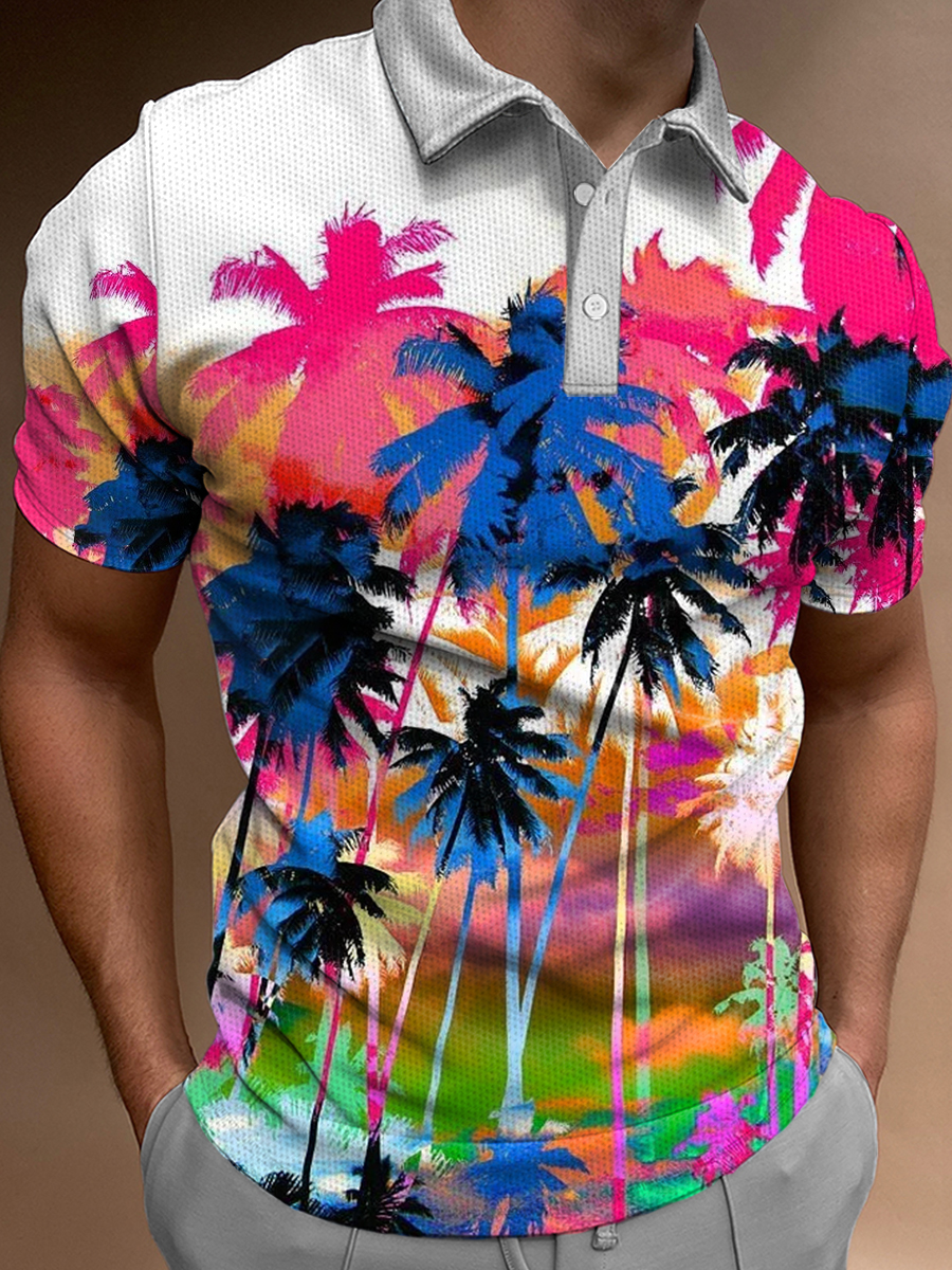 Men's Polo Shirt Rainbow Coconuttree Print Short Sleeve Golf Shirt