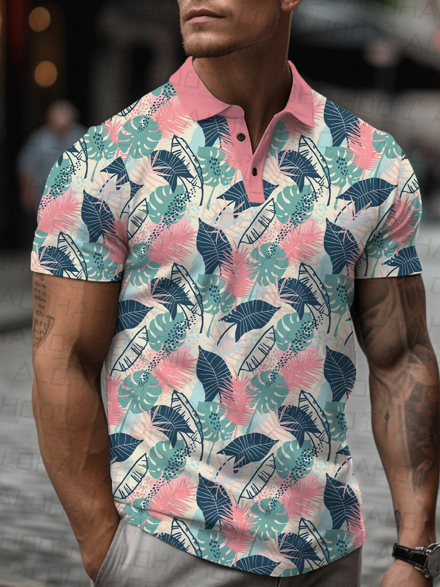 Men's Polo Shirt Tropical Seamless Leaves Print Casual Short-Sleeved Shirt