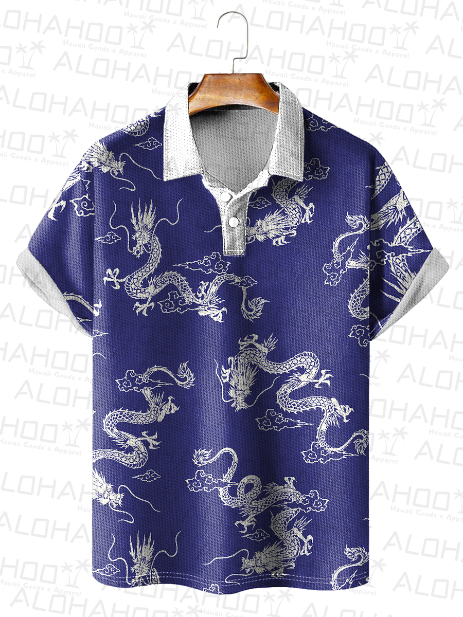 Men's Polo Shirt Vintage Dragon Print Casual Short-Sleeved Shirt